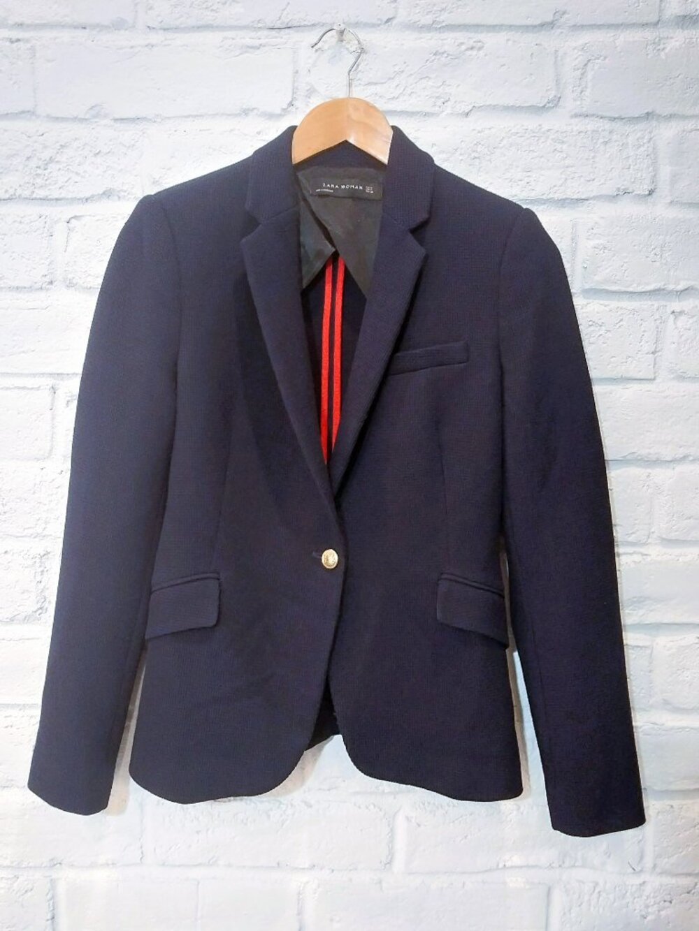 Zara KATE Navy Blue Blazer Medium Waffle Unstructured Coat Gold Buttons Jacket.